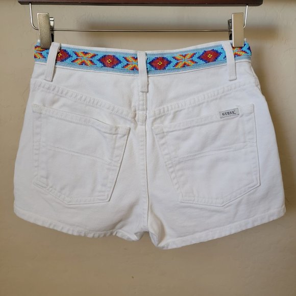 Vintage Guess Beaded Belt White Denim Jean Shorts - Picture 7 of 16